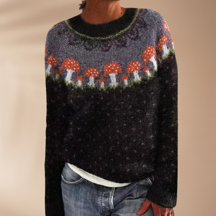 Colette™ | Schwarzer Pullover mit Pilzprint